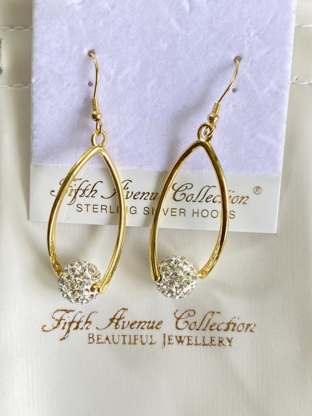 Fifth Avenue Gold Tone Elongated Marquise Frame Crystal Ball Earrings​​ NEW